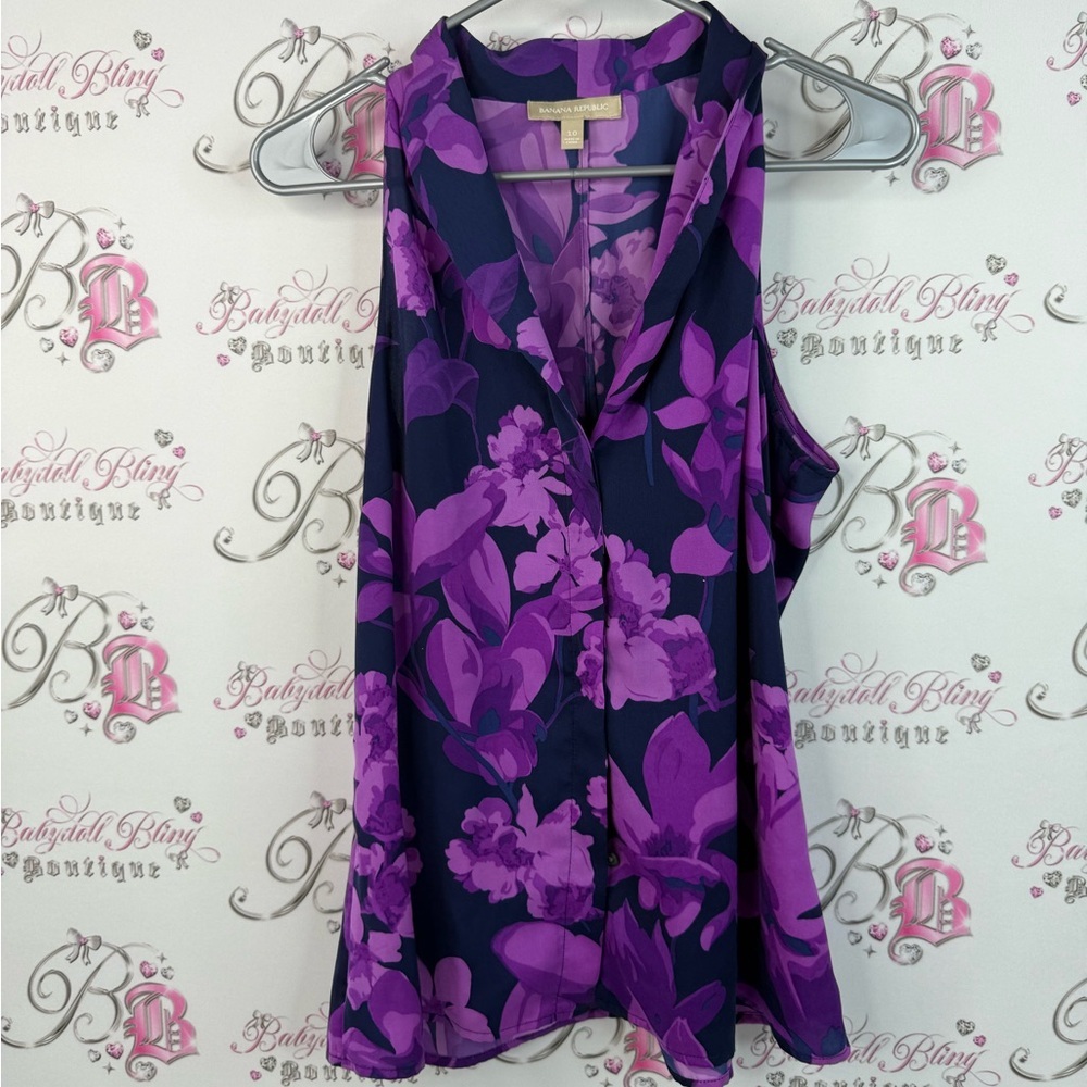 Banana Republic tank top button up flowers navy blue Purple Floral Blouse